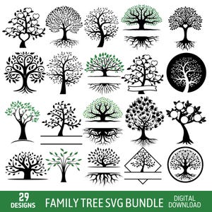 Puede incluir: Un conjunto de 29 diseños de árboles genealógicos SVG en negro y verde. Los diseños presentan varios estilos de árboles, incluidos árboles con corazones, manos y círculos. El texto "29 DESIGNS FAMILY TREE SVG BUNDLE DIGITAL DOWNLOAD" está en la parte inferior de la imagen.
