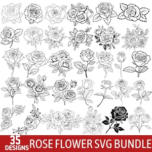 Puede incluir: Una colección de 35 diseños de flores de rosas en blanco y negro. Los diseños incluyen varios arreglos de rosas, desde flores individuales hasta ramos, con arte lineal detallado. El texto "35 DESIGNS ROSE FLOWER SVG BUNDLE" se muestra en una pancarta roja.
