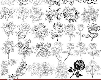Rose Outline Svg Bundle, Rose Line Art Svg, Floral Outline Clipart, Rose Flower Png Dxf Eps, Cutting Files for Cricut Silhouette, Rose Png