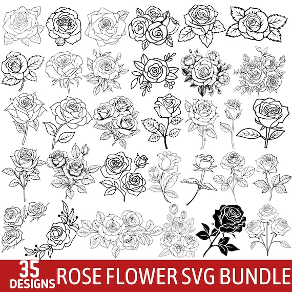 Rose Outline Svg Bundle, Rose Line Art Svg, Floral Outline Clipart, Rose Flower Png Dxf Eps, Cutting Files for Cricut Silhouette, Rose Png
