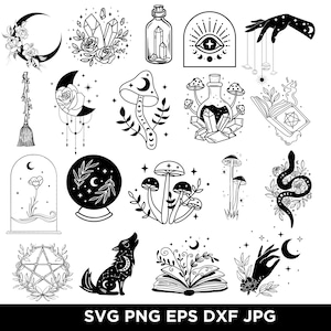 May include: Black and white illustrations of mystical and witchy elements. Includes a crescent moon with flowers, crystals, a potion bottle, a hand with a star, a broom, a mushroom, a wolf, an open book, and a pentagram.
