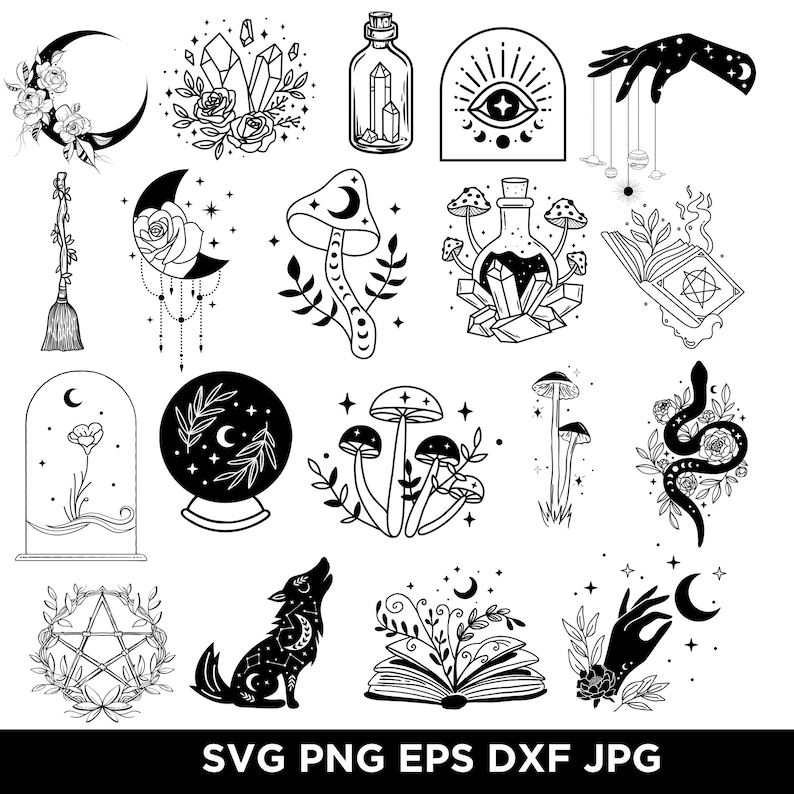 May include: Black and white illustrations of mystical and witchy elements. Includes a crescent moon with flowers, crystals, a potion bottle, a hand with a star, a broom, a mushroom, a wolf, an open book, and a pentagram.