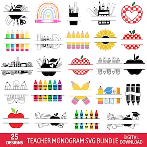 Teacher Monogram Svg Bundle, Teacher Name Svg, Split Monogram Svg, Teacher Shirt Svg, Back To School Svg, Teacher Gift Svg, Digital Download