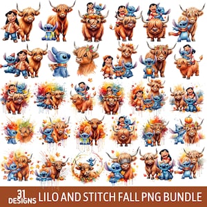 May include: A digital art bundle featuring 31 designs. The designs showcase Lilo and Stitch characters with Highland cows in fall-themed settings. The artwork includes Lilo, Stitch, and the cows in various poses, with autumn leaves and watercolor effects.