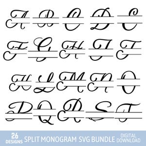Può includere: Una collezione di 26 design di monogrammi divisi in nero, con un elegante carattere script. Ogni lettera dell'alfabeto è visualizzata con una linea orizzontale che divide le metà superiore e inferiore. Il testo "SPLIT MONOGRAM SVG BUNDLE" è in basso.