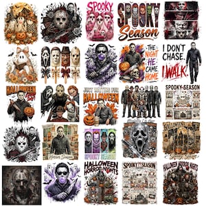 May include: A collection of twenty-five distinct Halloween-themed graphic designs featuring various horror movie characters, ghosts, pumpkins, and text elements like Spooky Season, Halloween Horror Nights, and The Night He Came Home.