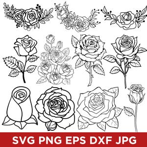 May include: A collection of black and white rose illustrations in various styles. The image includes detailed drawings of individual roses, rose bouquets, and floral arrangements, suitable for digital design projects. The bottom of the image displays the text: SVG PNG EPS DXF JPG.