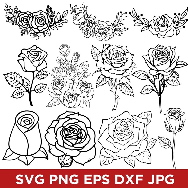 May include: A collection of black and white rose illustrations in various styles. The image includes detailed drawings of individual roses, rose bouquets, and floral arrangements, suitable for digital design projects. The bottom of the image displays the text: SVG PNG EPS DXF JPG.