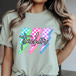 Lightning Bolt Teacher PNG: Neon Checkered Design (Digital Download