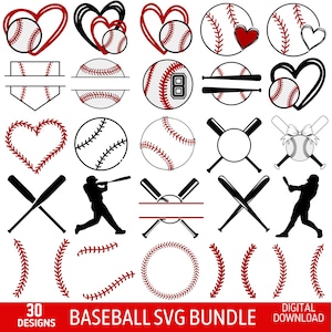 May include: A collection of 30 baseball-themed SVG designs in black, white, and red. The designs include baseballs, hearts, bats, and player silhouettes. Text at the bottom reads "BASEBALL SVG BUNDLE" and "DIGITAL DOWNLOAD".