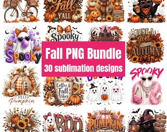 May include: A digital collection of 30 autumn-themed sublimation designs featuring pumpkins, ghosts, black cats, sunflowers, and seasonal foliage. The graphics include text elements like Hello Fall, Spooky, and Pumpkin Patch Princess in various styles.