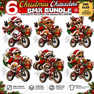 May include: A digital bundle of six Christmas characters riding red BMX bikes, including a snowman, highland cow, reindeer, duck, raccoon, and nutcracker. Each character wears a Santa hat and sunglasses, carrying gifts in a front basket.