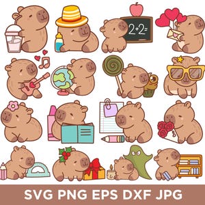 K&ouml;nnte beinhalten: Eine Sammlung von Cartoon-Capybaras in verschiedenen Posen. Einige Capybaras halten Gegenst&auml;nde wie eine Gitarre, einen Globus und einen Cupcake. Andere tragen Accessoires wie Sonnenbrillen und einen Hut. Der Text "SVG PNG EPS DXF JPG" ist enthalten.