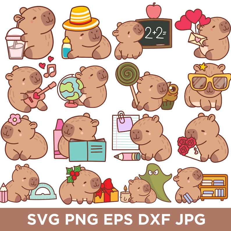 K&ouml;nnte beinhalten: Eine Sammlung von Cartoon-Capybaras in verschiedenen Posen. Einige Capybaras halten Gegenst&auml;nde wie eine Gitarre, einen Globus und einen Cupcake. Andere tragen Accessoires wie Sonnenbrillen und einen Hut. Der Text "SVG PNG EPS DXF JPG" ist enthalten.