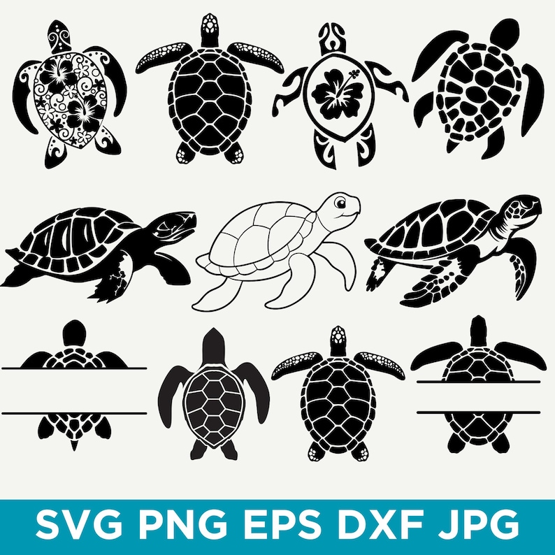 May include: Collection of black and white sea turtle designs. Various turtle illustrations include detailed shell patterns, a hibiscus flower, and blank spaces for personalization. The image also includes the text: SVG PNG EPS DXF JPG.
