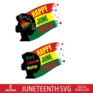 Może przedstawiać: Cyfrowy projekt z dwiema sylwetkami osoby z afro, ze słowami "Black Lives Matter" i "Happy Juneteenth" w kolorach czerwonym, żółtym i zielonym. Projekt zawiera gwiazdy i tekst "Juneteenth SVG".
