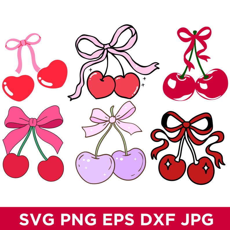 May include: A collection of six cherry illustrations with bows in various colors. The cherries are red and purple, with pink and red bows. The image includes the text "SVG PNG EPS DXF JPG".