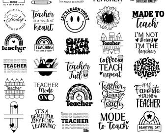 Könnte beinhalten: Eine Sammlung von 30 Lehrer-Themen-SVG-Designs in Schwarz und Weiß. Die Designs enthalten Sätze wie "Teacher Mode", "Coffee Teach Repeat" und "Best Teacher Ever" sowie Bilder von Bleistiften, Äpfeln und Regenbogen. Der Text "Teacher SVG Bundle" ist ebenfalls vorhanden.