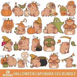 Halloween Capybara SVG Bundle, Cute Capybara Halloween Clipart, Funny Fall Animals PNG, Witch Capybara Sublimation, Spooky Capybara Stickers