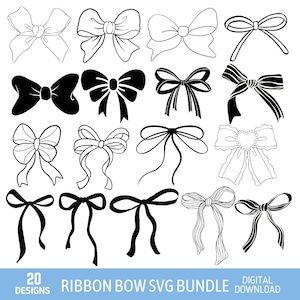 Ribbon Coquette Bow Svg Bundle, Ribbon Bow Outline Svg, Ribbon Bow Svg, Hair Bow Svg, Hand Drawn Bow Clipart, SVG Cut Files,Instant Download
