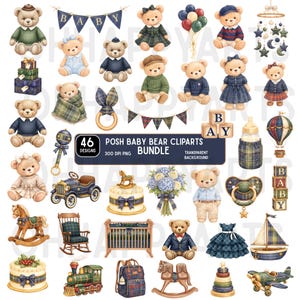 Puede incluir: Una colección de 46 imágenes prediseñadas de osos bebé en acuarela. Los osos visten varios atuendos, y la imagen incluye accesorios para bebés como una cuna, juguetes y una pancarta que dice "BABY". El paquete está etiquetado como "POSH BABY BEAR CLIPARTS BUNDLE".