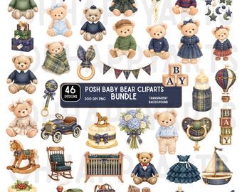 May include: A collection of 46 watercolor baby bear cliparts. The bears are dressed in various outfits, and the image includes baby-themed accessories like a crib, toys, and a banner that says "BABY". The bundle is labeled "POSH BABY BEAR CLIPARTS BUNDLE".