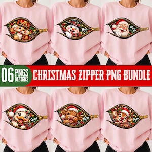 May include: A collection of six light pink sweatshirts, each featuring a unique Christmas-themed graphic inside a zipper design. The prints include a nutcracker, a snowman with the text Boo, Santa Claus with Ho Ho Ho, a duck with Quack, and two cows with Moo.