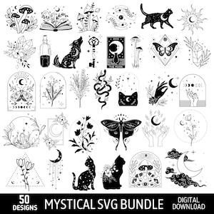 May include: Black and white digital illustrations of mystical and celestial designs, including cats, moons, mushrooms, hands, butterflies, and floral elements. The text reads "50 DESIGNS MYSTICAL SVG BUNDLE DIGITAL DOWNLOAD."
