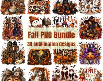 Fall Halloween PNG Bundle 30 Designs, Spooky Autumn Sublimation Graphics, Pumpkin Patch Tumbler Wraps, DTF Heat Press Digital Download