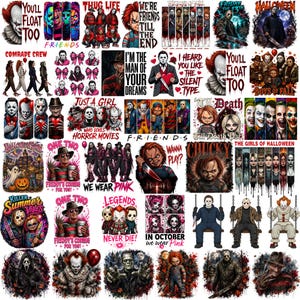 Puede incluir: Una colección de diseños gráficos con temática de terror que presentan personajes icónicos como Chucky, Freddy Krueger, Michael Myers, Jason Voorhees y Pennywise, con varios eslóganes como You'll Float Too, Thug Life y Till Death.