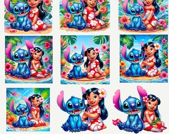 May include: A collection of ten digital designs featuring Lilo and Stitch in various summer scenes. Each design showcases the characters with tropical flowers and vibrant colors, perfect for themed projects. The text "LILO STITCH SUMMER VIBES PNG" is at the bottom.