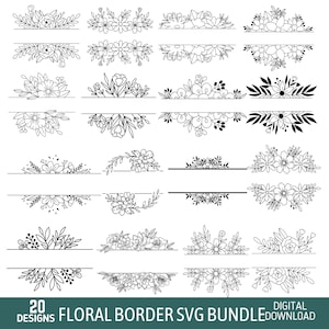 Cadre floral fractionné Svg, Svg de bordure florale, Clipart monogramme floral, bordure fleurie Svg, monogramme fractionné, mariage floral, téléchargement numérique