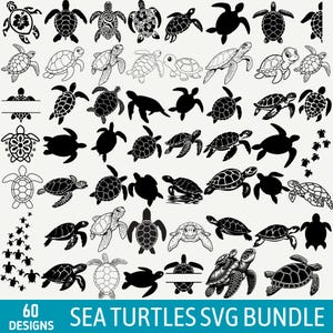 May include: A collection of 60 sea turtle designs in various styles, including silhouettes and detailed illustrations. The designs are in black and white, with text at the bottom that reads "60 DESIGNS SEA TURTLES SVG BUNDLE".