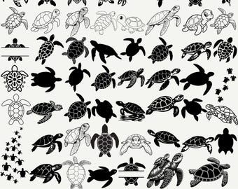 May include: A collection of 60 sea turtle designs in various styles, including silhouettes and detailed illustrations. The designs are in black and white, with text at the bottom that reads "60 DESIGNS SEA TURTLES SVG BUNDLE".