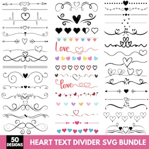 May include: A collection of 50 black and colored heart-themed text dividers and decorative line elements. The designs feature various styles including swirls, arrows, heartbeat lines, and the word love in script, arranged in three vertical columns.