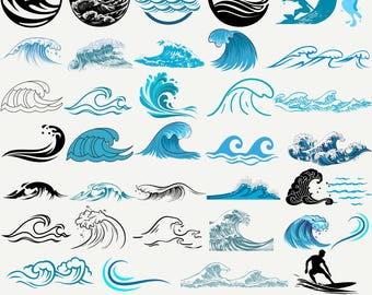 Paquete SVG de olas del océano: siluetas de surf, diseños de playa (descarga digital)