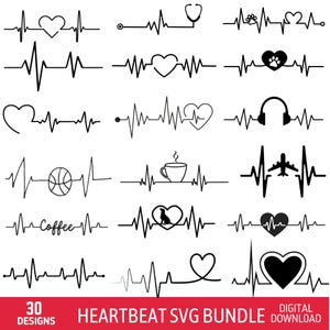 Puede incluir: Una colección de diseños de latidos del corazón en blanco y negro, cada uno con un gráfico único. Los diseños incluyen corazones, un estetoscopio, huellas de patas, auriculares, una pelota de baloncesto, una taza de café y un avión. El texto "HEARTBEAT SVG BUNDLE" está en la parte inferior.