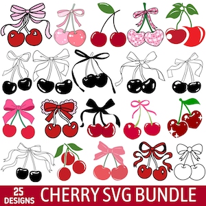 Könnte beinhalten: Eine Sammlung von 25 Kirschdesigns, darunter rote, rosa und schwarze Kirschen mit Schleifen. Einige Designs sind umrandet, andere sind farbig gefüllt. Der Text "CHERRY SVG BUNDLE" befindet sich unten.