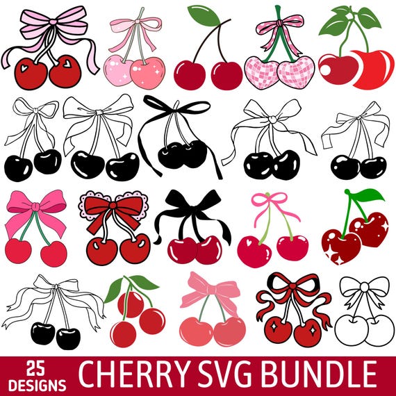 Cherry SVG Bundle, Cute Cherry Clipart, Bow Cherry Svg, Checkered Cherry Jpg, Coquette Png, Cricut Cut Files, Cherry PNG, Digital Download