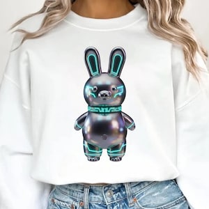 Futuristisk Chrome Bunny PNG, Cyberpunk 3D-kaninrobotgrafik, digital sci-fi-neonleksak, högteknologisk karaktärskonst för spelkläder och klistermärken