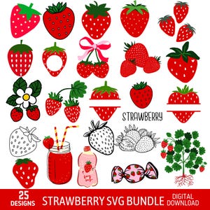 Op de afbeelding: Een set van 25 digitale SVG-ontwerpen met aardbeien in verschillende stijlen, waaronder hele aardbeien, aardbeischijfjes, aardbeiplanten en aardbeien-elementen zoals een snoepje en een pot aardbeienjam. De tekst "STRAWBERRY SVG BUNDLE" en "DIGITAL DOWNLOAD" zijn ook in de afbeelding opgenomen.