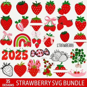Könnte beinhalten: Eine Sammlung von 35 Erdbeer-Designs in Rot, Grün und Rosa. Die Designs umfassen ganze Erdbeeren, geschnittene Erdbeeren, Erdbeeren mit Schleifen und eine Erdbeer-Süßigkeit. Der Text "STRAWBERRY SVG BUNDLE" steht unten.
