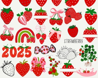 Erdbeere SVG Bundle | Niedliche Erdbeere Clipart, Obst Png Eps Dxf Jpg, Erdbeer Süßigkeiten Regenbogen Designs, Sommer Obst Cut Files für Cricut