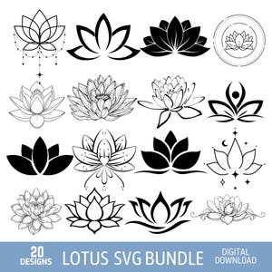 Lotus Flower SVG Bundle, Lotus Svg, PNG, Dxf, Eps, Pdf Cutting, Laser Engraving Files, Sublimation, Spiritual Yoga Unalome Om Symbol Clipart