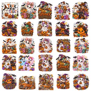 May include: A collection of twenty-five colorful Halloween-themed illustrations featuring ghosts, pumpkins, black cats, dinosaurs, and trucks. The designs include text such as Trick or Treat, Boo, Spooky Dinosaur, Too Cute to Spook, and Happy Halloween.