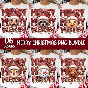 Könnte beinhalten: Ein digitales Set aus sechs weißen Sweatshirts mit festlichen Grafiken. Jedes Design zeigt den Text MERRY MERRY MERRY mit einer rot karierten Schleife und einer Weihnachtsfigur wie Nussknacker, Waschbär, Ente, Rentier, Schneemann oder Hochlandrind.