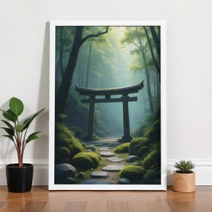 Torii Gate in Jungle Wall Art – Japanese-Inspired Nature Landscape Printable – Minimalist Digital Decor for Living Room, Office, or Entryway