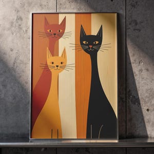 Arte mural abstracto de animales, arte mural abstracto de gatos, arte mural abstracto de gatos, gato abstracto de Matisse, arte mural abstracto de colores cálidos, gatos abstractos