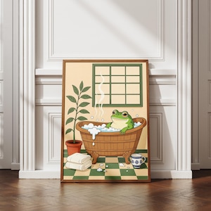 Japanese Frog in Bathtub Print - Japandi Wall Art - Minimalist Bathroom Decor - Relaxing Frog Artwork - Unique Japanese Gift for Home