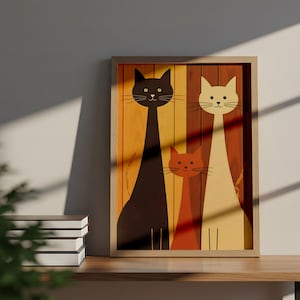 Arte mural abstracto de gatos, arte mural de gatos inspirado en Matisse, arte mural abstracto con colores cálidos, arte mural divertido, arte mural con ilustraciones de gatos, impresión digital
